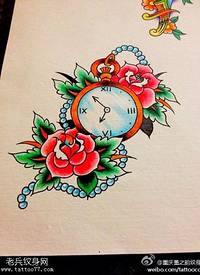 时钟玫瑰花纹身手稿图片