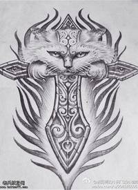 十字架猫咪纹身手稿图片