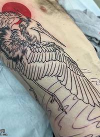 腹部红日下的仙鹤纹身图案