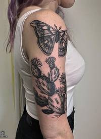 肩部的蝴蝶仙人掌纹身图案