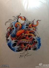彩色个性章鱼纹身手稿图案