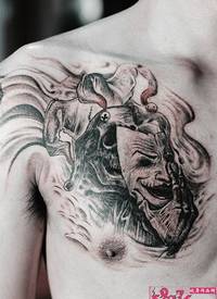 创意骷髅小丑面具胸口纹身图片