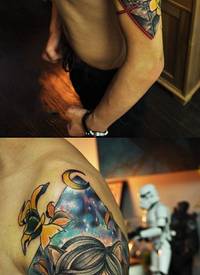 创意星空猫女花臂纹身图片