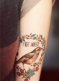 个性女生手臂漂亮的彩色小鸟小花纹身图片
