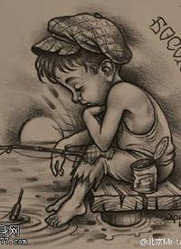 素描钓鱼的小男孩纹身图案
