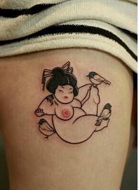男士腿部可爱的日本艺妓纹身图案纹身图片