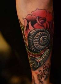 胳膊蜗牛玫瑰花纹身图案