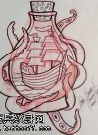 手稿线条章鱼瓶子纹身图案