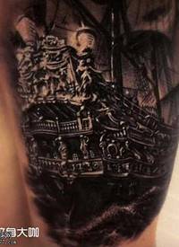 腿部个性黑船锚纹身图案