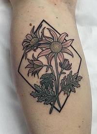 小腿花卉几何线条彩绘纹身图案