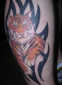 腿部彩色老虎纹身图案