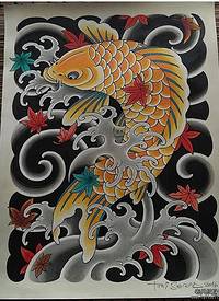 传统日式鲤鱼枫叶浪花纹身图案手稿