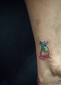 脚踝小清新泼墨猫纹身图案