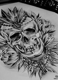欧美school骷髅十字架花卉纹身图案手稿