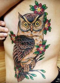 侧腰猫头鹰彩色花朵纹身图案