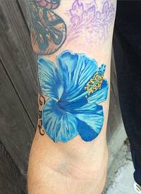 大臂逼真的蓝色木槿花纹身图案