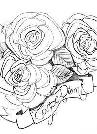 黑色线条素描唯美花朵花团和花体英文纹身手稿