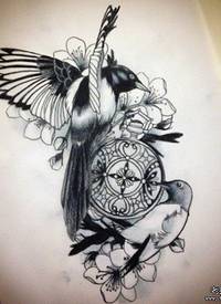 欧美鸟时钟花蕊黑灰纹身图案手稿