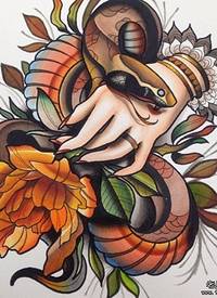 欧美school彩绘蛇手纹身图案手稿