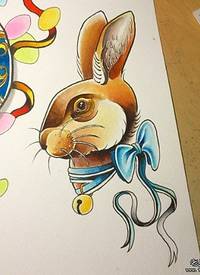 欧美兔子蝴蝶结彩色纹身图案手稿