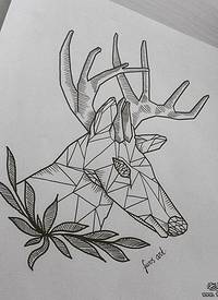 小清新线条几何麋鹿纹身图案手稿