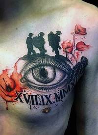 胸部士兵人像与眼睛和鲜花纹身图案