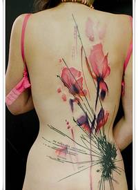 女生背部水彩风格红色花卉纹身图案