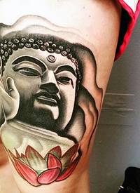 大腿黑白莲花如来佛祖雕像纹身图案