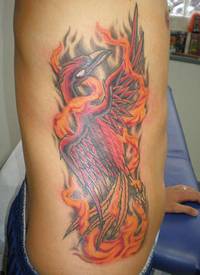 腰侧彩色凤凰在火焰中的纹身图案