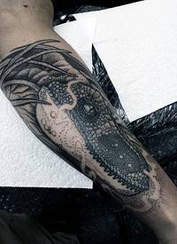 小臂雕刻风格黑白恐龙纹身图案