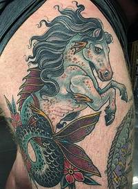 大腿个性的马组合鱼尾巴个性彩绘纹身图案