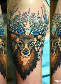 新传统彩色鹿与饰品手臂纹身图案