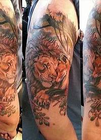 肩部有趣的睡狮和狐狸纹身图案