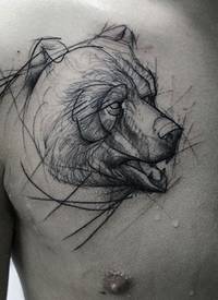胸部黑白线条熊头像素描纹身图案