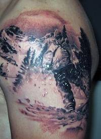 大臂很酷的写实黑灰山脉滑雪板纹身图案