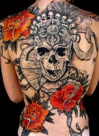 背部黑灰的骷髅和红色花朵纹身图案