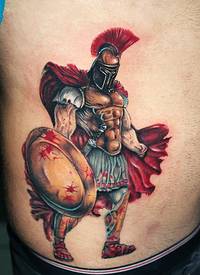 腰侧彩色雄伟的斯巴达战士纹身图案