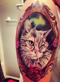 手臂彩色猫肖像纹身图案