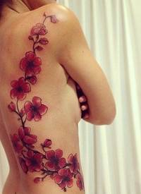 女生侧肋可爱的樱花枝纹身图案