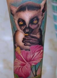 手臂美好写实的丰富多彩狐猴花朵纹身图案