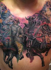胸部惊人的彩色死亡骑士纹身图案