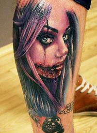 腿部彩色可怕的死圣女孩纹身图案