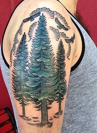 手臂彩色三棵树与鹰卡通纹身图案
