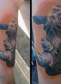 手臂逼真彩色大犀牛头纹身图案