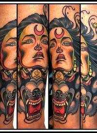 邪恶狼头与恶魔女人肖像纹身图案