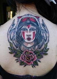 old schoo背部彩色部落妇女肖像与鹿角和玫瑰纹身图案