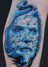 小腿可怕的写实恐怖电影人物肖像纹身图案