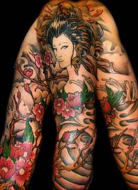 手臂彩色新日式色花套艺妓纹身图案