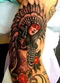 大臂old school印度女人和花朵纹身图案