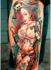 腿部彩色性感辣妹海盗纹身图案